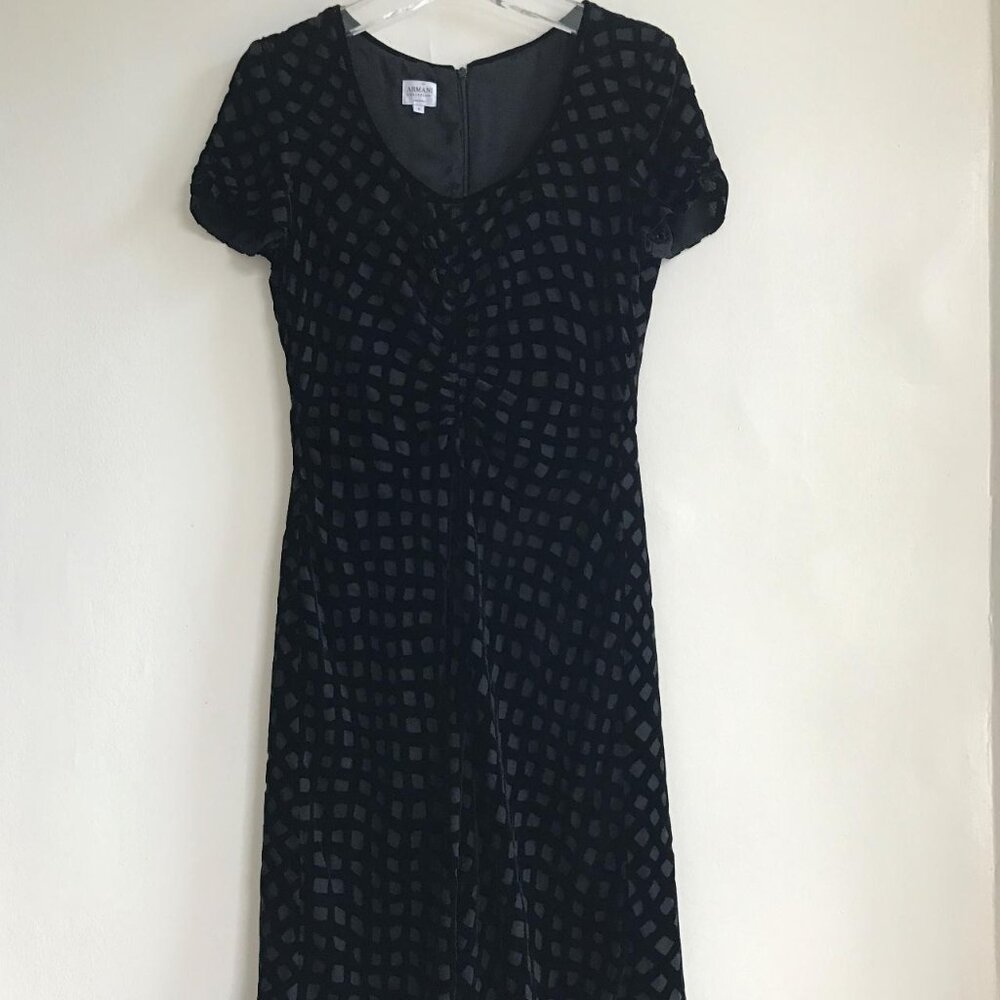 Vintage Armani Collezioni Black Windowpane Silk Velvet Fit Flare A-Line Knee Len